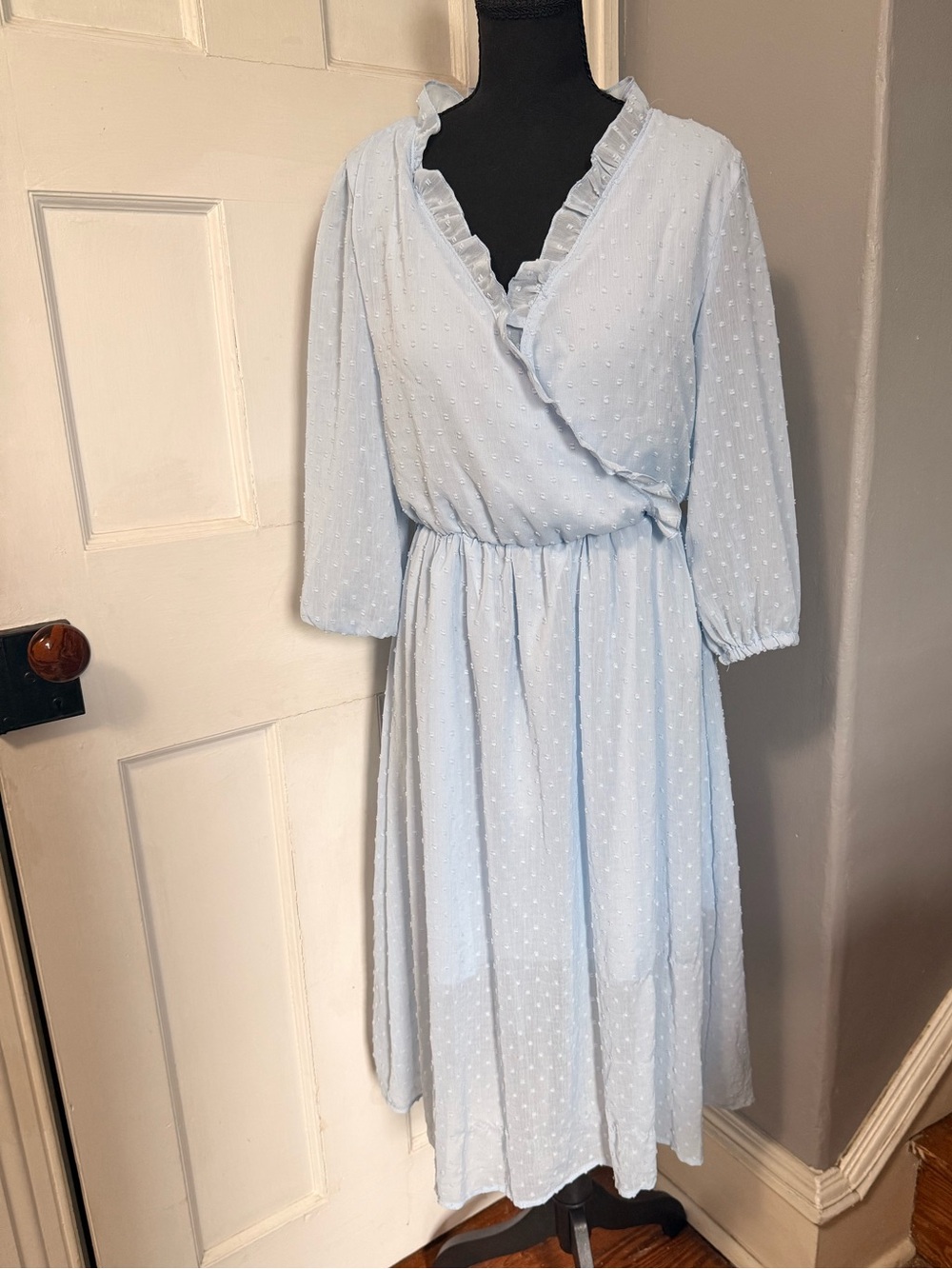 Light Blue Swiss Dot Ruffle Wrap Midi Dress | Size Medium | Cottagecore